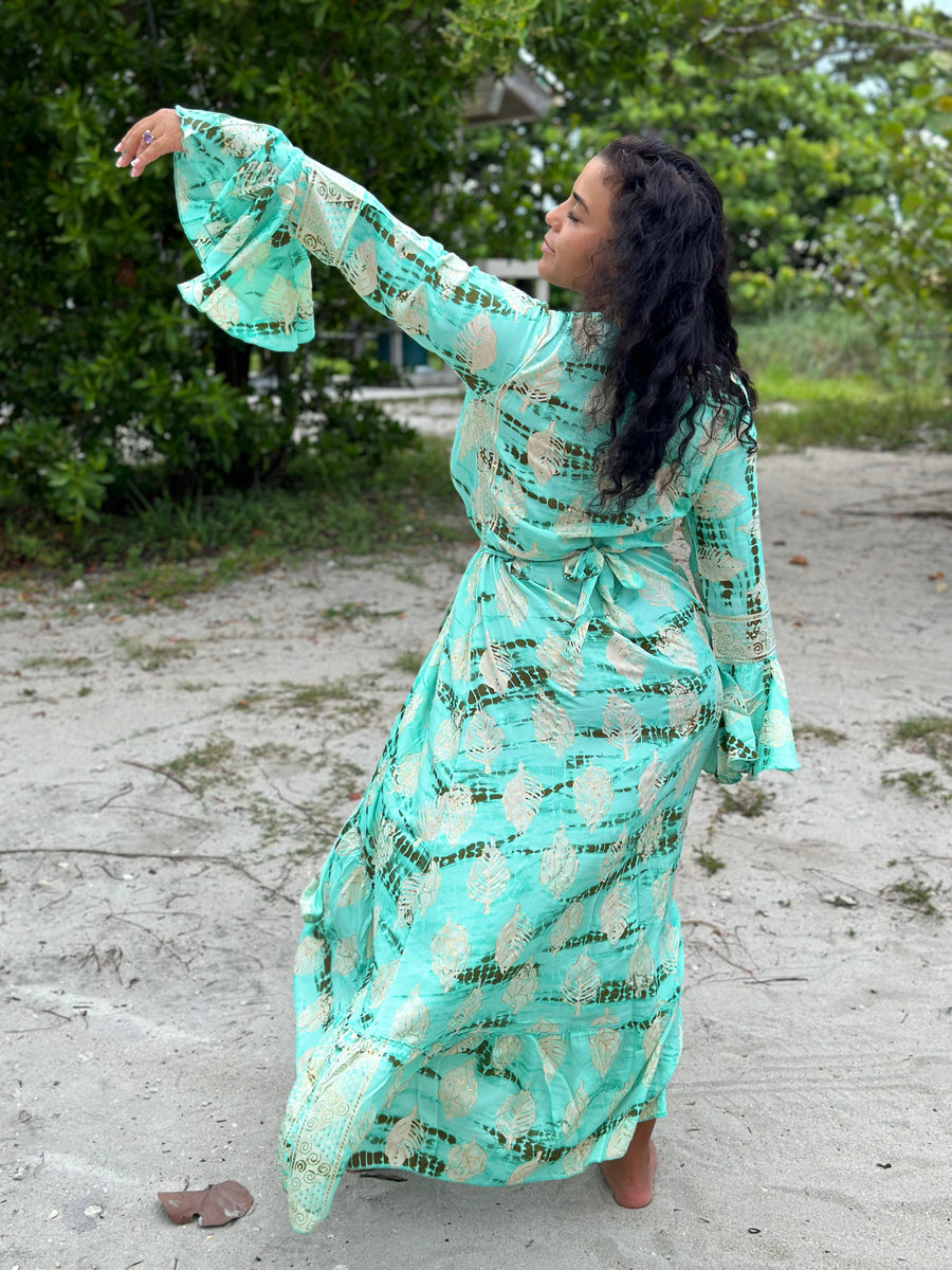 green kimono dress Light Green Cotton Muslin Checkered Maxi Kimono Dress 52" / Regular (5'2"