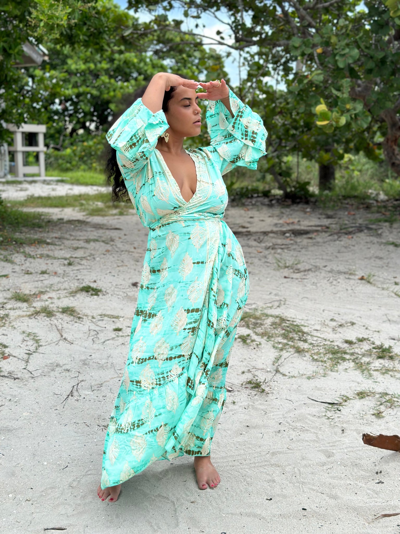 boho kimono dress Boho Robe, Kimono Robe, Beach Cover up, Flower in Blue, green / S